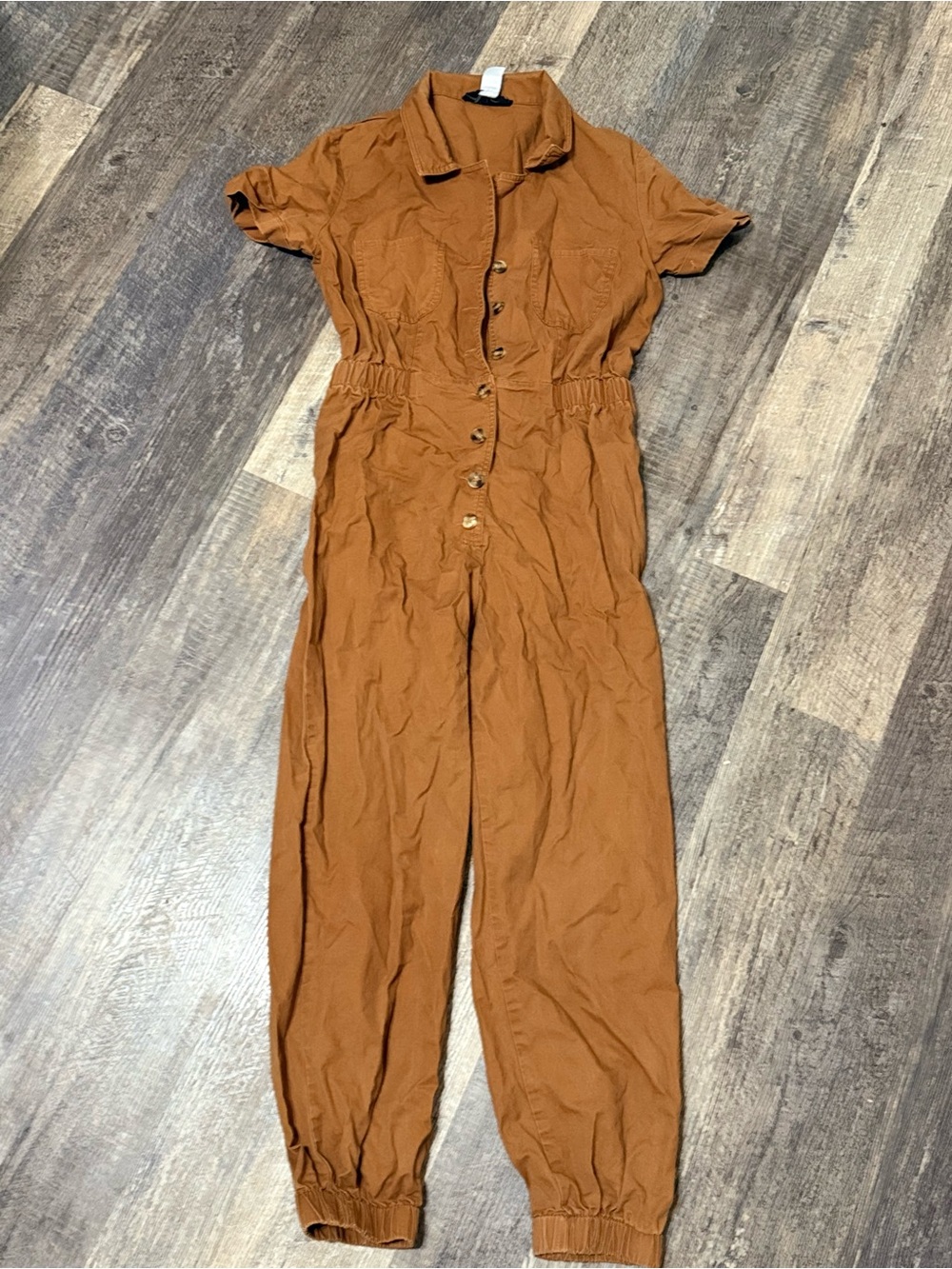 Know One Cares Women’s Medium Rust Brown Utility Jumpsuit Button Front Jogger